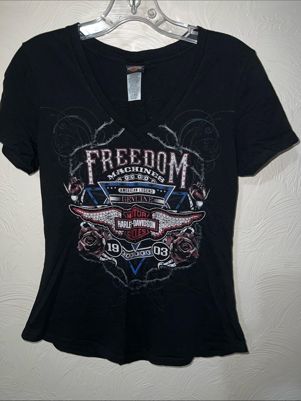 Harley-Davidson Black V-Neck 'Freedom' Graphic Tee with Red & Blue Accents